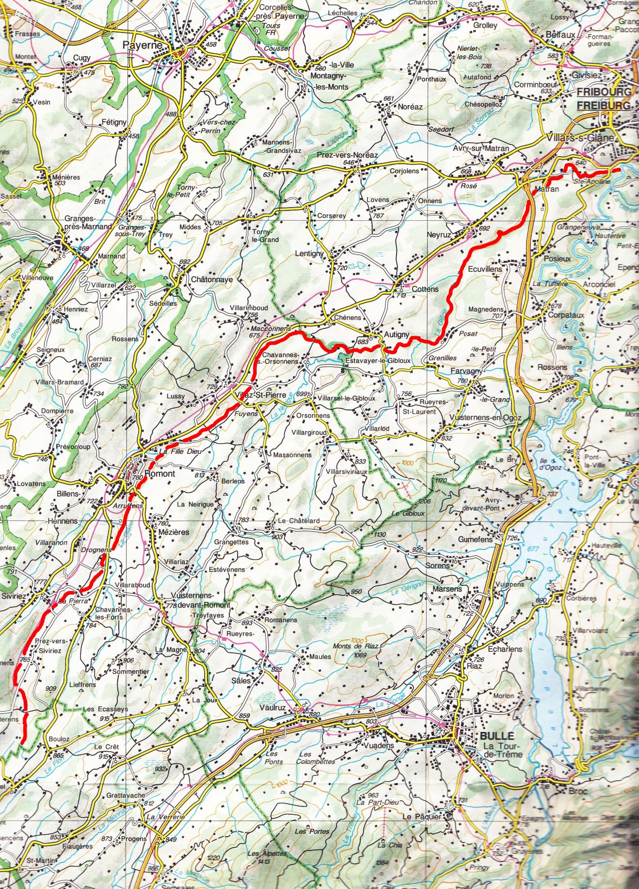Figure 23 : Le parcours de la Glâne, dans le canton de Fribourg